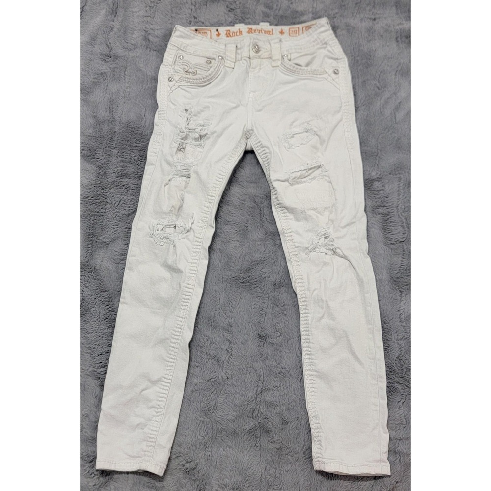 Rock‎ Revival Jeans Womens 29 White Coren Taper Distressed Slim Stretch Denim